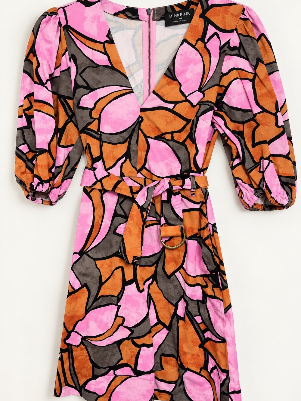 MINKPINK Pink Orange Floral Belted Mini
Dress Puff Sleeve Size L